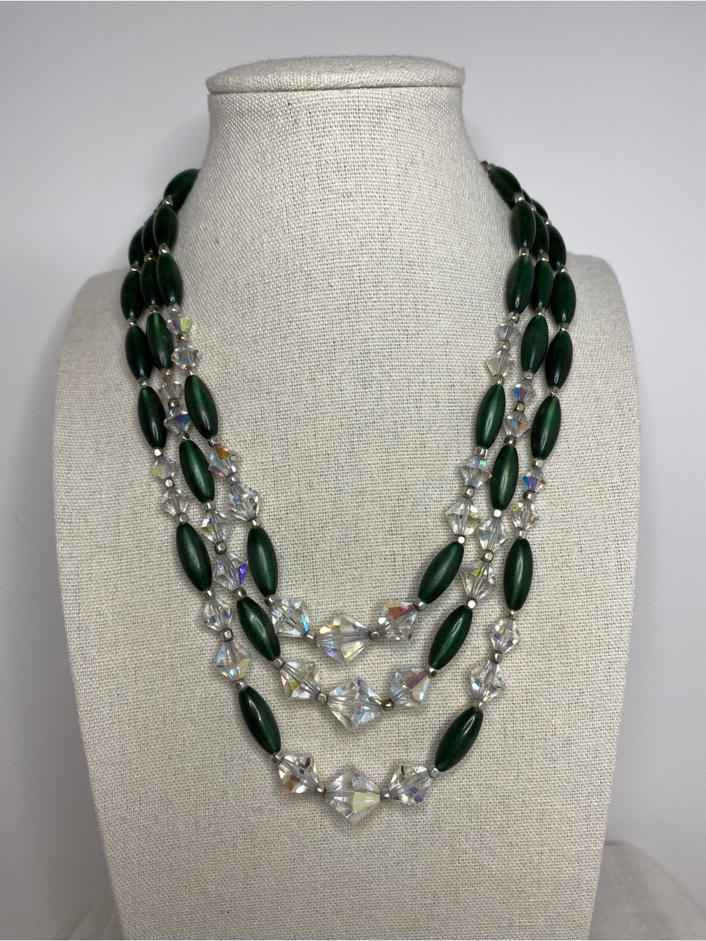 Vintage Triple Strand Green Satin Bead Necklace AB Rhinestones Hook Clasp